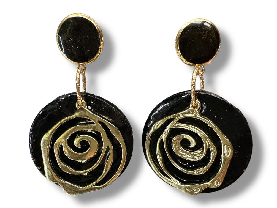 Unique Handmade Modern Circle Black and Gold Earrings , Spiral, Minimalist, Polymer Clay Earrings Geometric Design