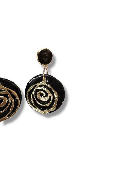 Unique Handmade Modern Circle Black and Gold Earrings , Spiral, Minimalist, Polymer Clay Earrings Geometric Design
