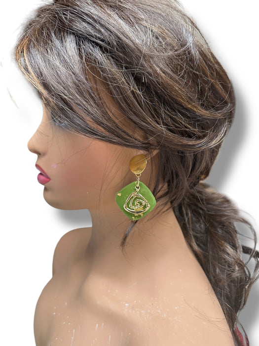 Unique Handmade Modern Square Earrings , Spiral, Minimalist, Polymer Clay Earrings Green and Gold Design