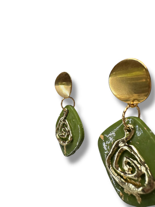 Unique Handmade Modern Square Earrings , Spiral, Minimalist, Polymer Clay Earrings Green and Gold Design