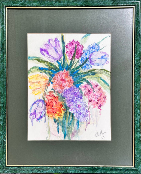 Modern Watercolor Original Flower Framed Painting. By R.Mansourkhani 18” x 21”-EZ Jewelry and Decor