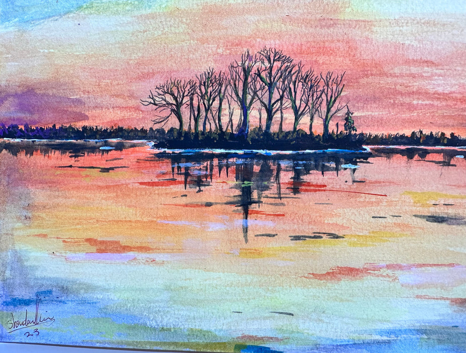 Landscape Sunset Watercolor Framed Painting, 15 x 12” by Shaida-EZ Jewelry and Decor