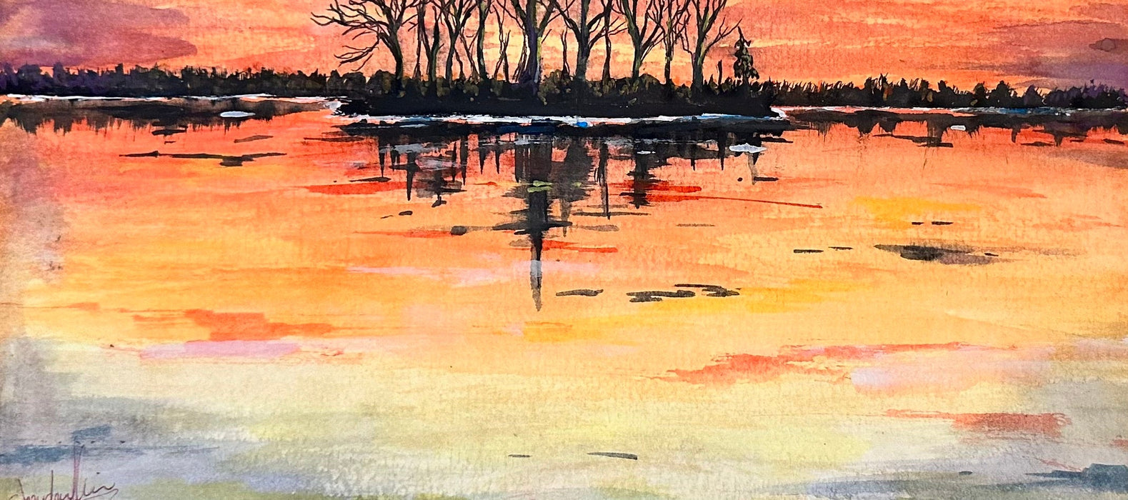 Landscape Sunset Watercolor Framed Painting, 15 x 12” by Shaida-EZ Jewelry and Decor