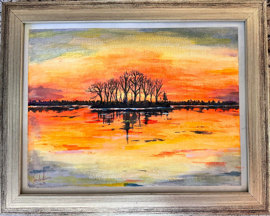 Landscape Sunset Watercolor Framed Painting, 15 x 12” by Shaida-EZ Jewelry and Decor