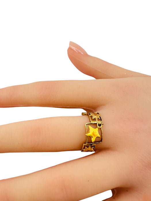 18k Gold Geometric Ring with Star Charm | Unique Openwork Design | Hallmarked 750, Size 6.2