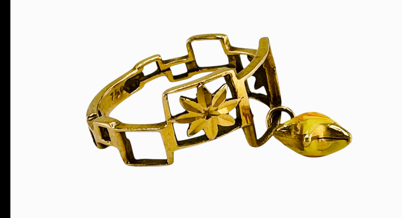 18k Gold Geometric Ring with Star Charm | Unique Openwork Design | Hallmarked 750, Size 6.2