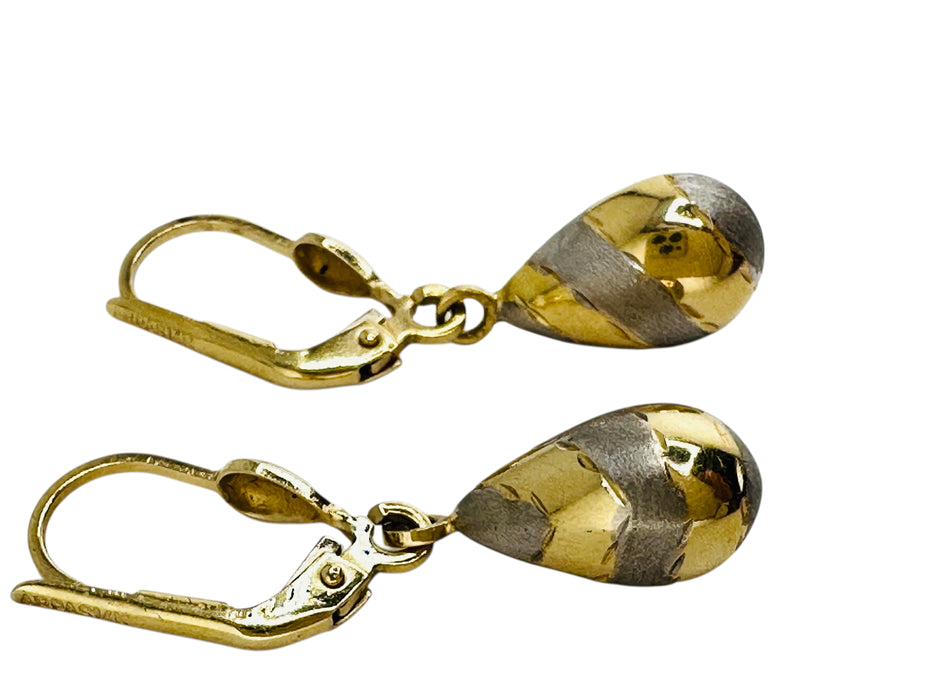 14k Gold Two-Tone Teardrop Earrings | Leverback Dangle | 1.13” | Hallmarked 14k
