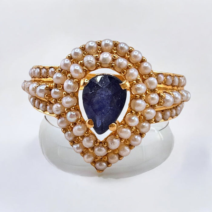 22k Gold Ring with Sapphire & Seed Pearl in Top, Size 7, June and September Birthstones. Engagement Ring/ Cocktail Ring.