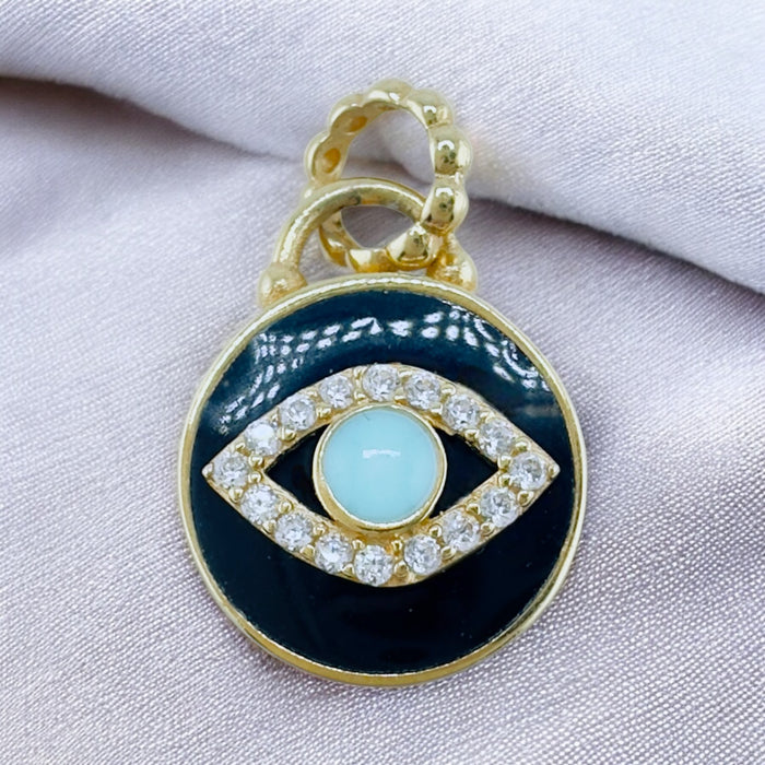 18k Evil Eye Enamel Pendant, .69 inch Tall, 2g. Spiritual Protector Pendant