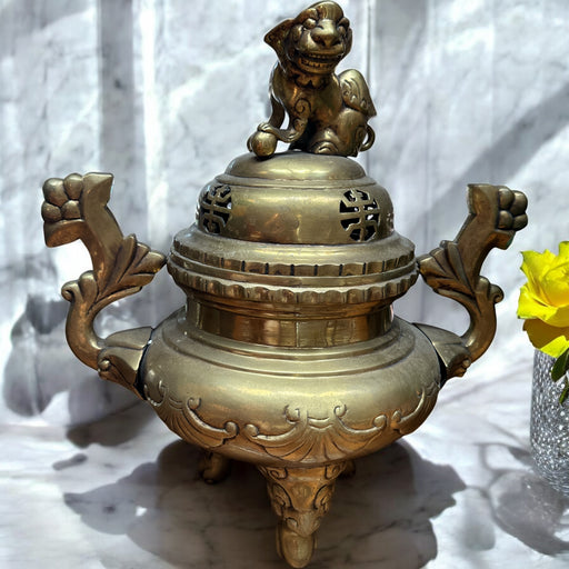 Brass incense burner with lion figurine on top, antique .