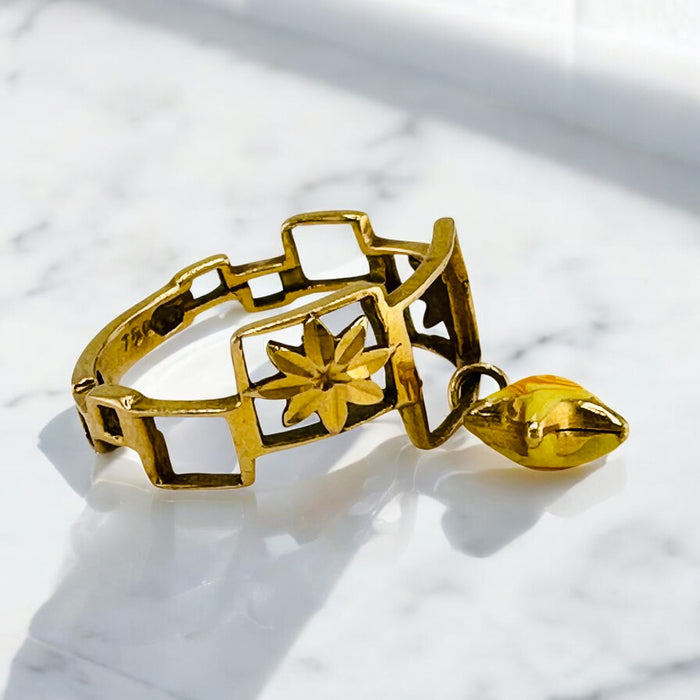 18k Gold Geometric Ring with Star Charm | Unique Openwork Design | Hallmarked 750, Size 6.2