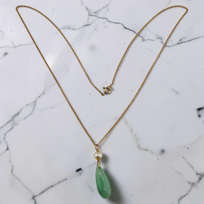 14k Gold Jadeite  & Pearl Necklace | 16” Chain, 1.3” Pendant | 3.7g Hallmarked