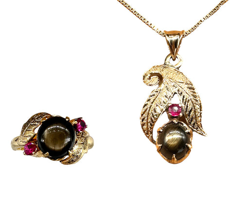 Jewelry - Ring And Pendant Necklace Set In 18k Gold & Ruby With A Smoky Quartz Gemstone In Center.