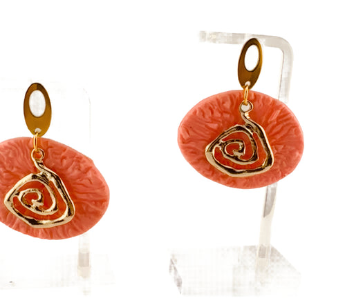 Jewelry - Handmade Modern Earrings, Polymer Clay, Modern Textured Earrings, Statement Earrings, Dangle Earrings, Peach And Gold Earrings 2”