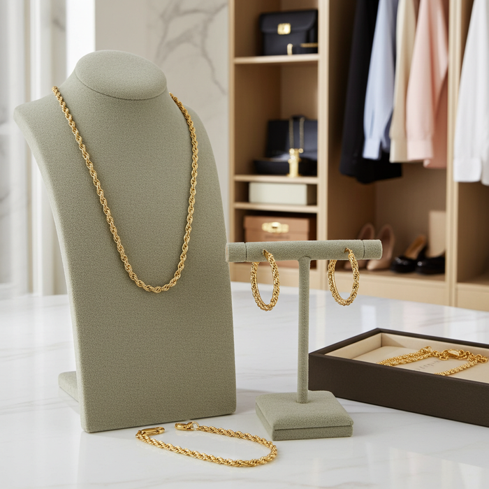 10k Gold Jewelry Set, Rope Twisted Necklace, Bracelet and Earrings Hoop 20" Necklace