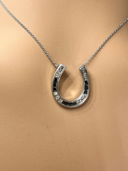 Elegant White and Black Diamond Horseshoe Necklace in 14k White Gold and .30 c-EZ Jewelry and Decor