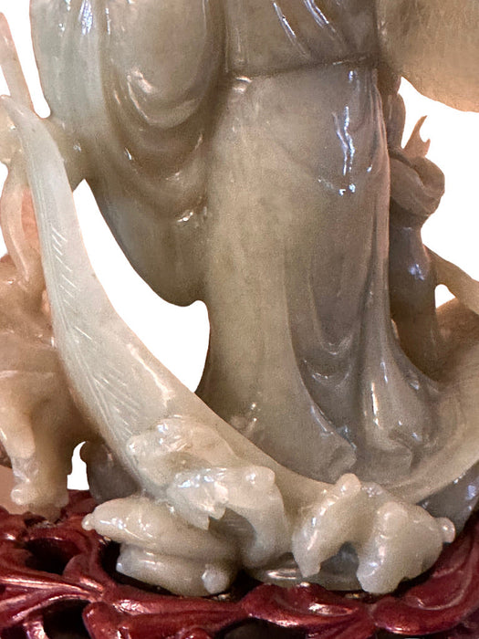 Rare Hand Carved Jade Statue: Man, Child, & Koi Fish on Carved Wooden Stand, 7.8” T, Japanese Sculpture-EZ Jewelry and Decor