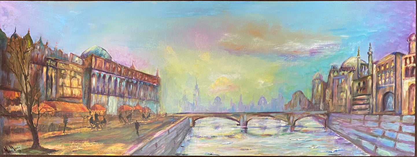 Roya Mansourkhani, Sundown Above A City, Acrylic, 23” x 50”-EZ Jewelry and Decor