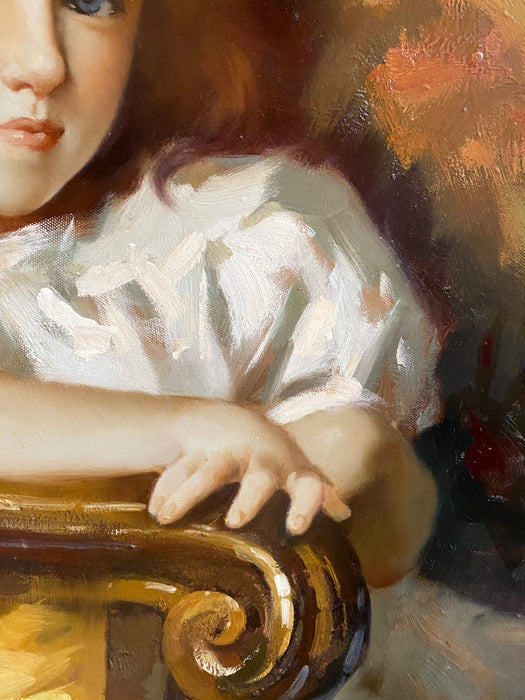 A. Sinar, Young Girl In Chair, oil, 49” x 37”x 3.5"-EZ Jewelry and Decor