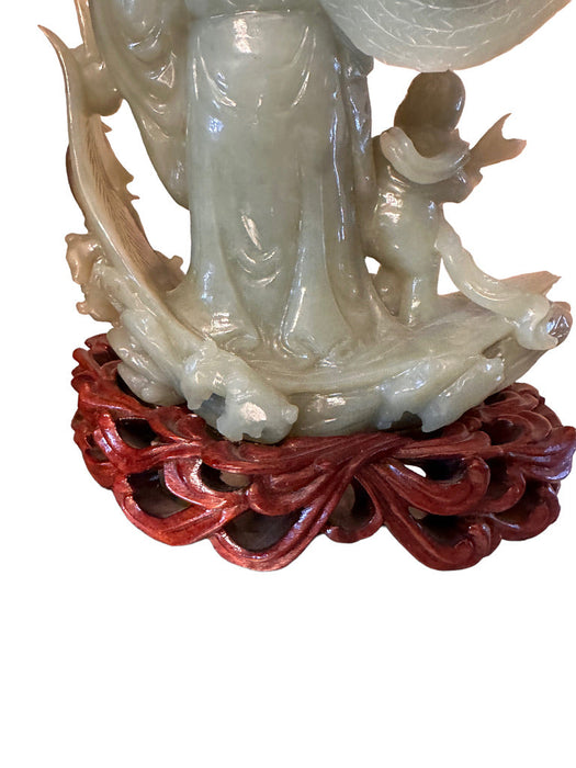 Rare Hand Carved Jade Statue: Man, Child, & Koi Fish on Carved Wooden Stand, 7.8” T, Japanese Sculpture-EZ Jewelry and Decor