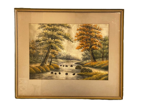 Silk Framed Japanese Tapestry Panel, Landscape Handcrafted Needle Work, 15.5” x 19”-EZ Jewelry and Decor