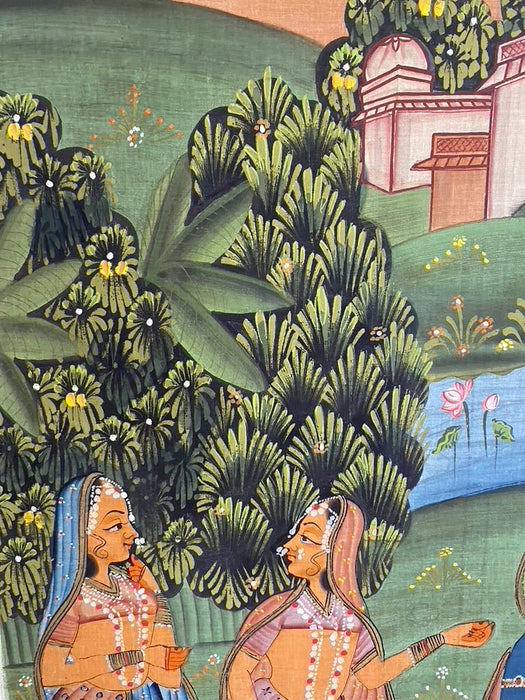 Lord Vishnu in Garden, Original Indian Miniature Art , 35" x 45"-EZ Jewelry and Decor