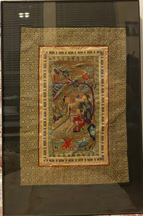 Chinese Vintage Silk Embroidery Framed Panel, Hand Crafted- Three Figures In Garden, Early Republic, 11” x 17”-EZ Jewelry and Decor