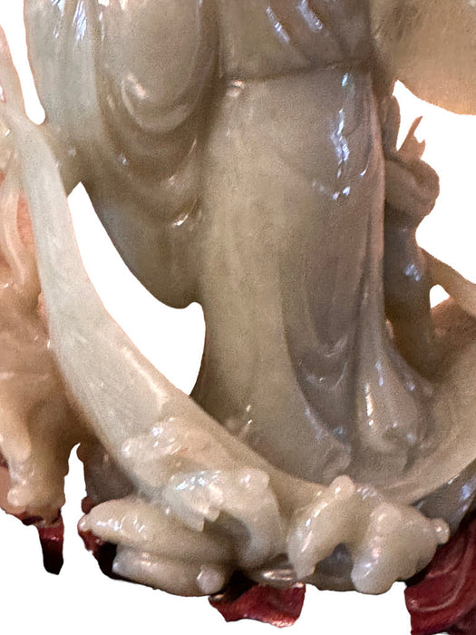 Rare Hand Carved Jade Statue: Man, Child, & Koi Fish on Carved Wooden Stand, 7.8” T, Japanese Sculpture-EZ Jewelry and Decor