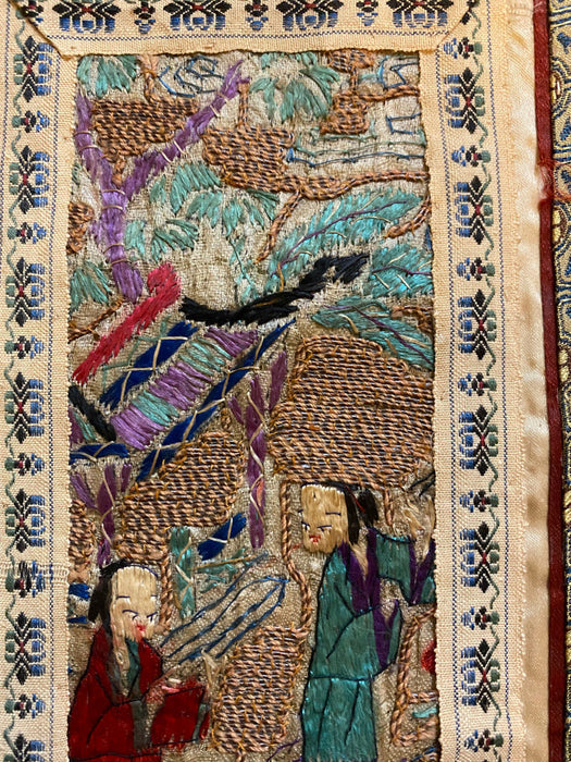 Chinese Vintage Silk Embroidery Framed Panel, Hand Crafted, In Garden, Early Republic, 11” x 17”-EZ Jewelry and Decor