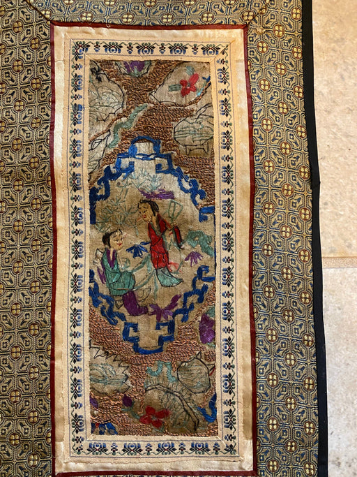 Chinese Vintage Silk Embroidery Framed Panel, Hand Crafted Lovers, Early Republic, 11” x 17”-EZ Jewelry and Decor