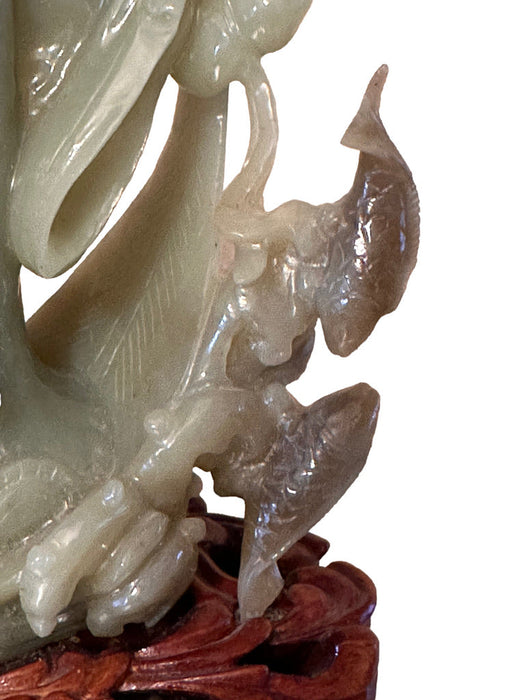 Rare Hand Carved Jade Statue: Man, Child, & Koi Fish on Carved Wooden Stand, 7.8” T, Japanese Sculpture-EZ Jewelry and Decor