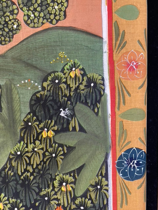 Lord Vishnu in Garden, Original Indian Miniature Art , 35" x 45"-EZ Jewelry and Decor