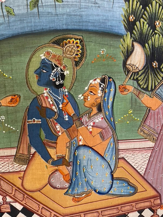 Lord Vishnu in Garden, Original Indian Miniature Art , 35" x 45"-EZ Jewelry and Decor