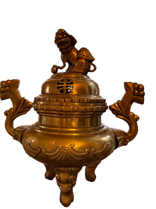 Antique Early 20th Century Large Solid Brass Foo Dog Incense Burner Stands 18 in Tall , Chinese Antique Burner.-EZ Jewelry and Decor