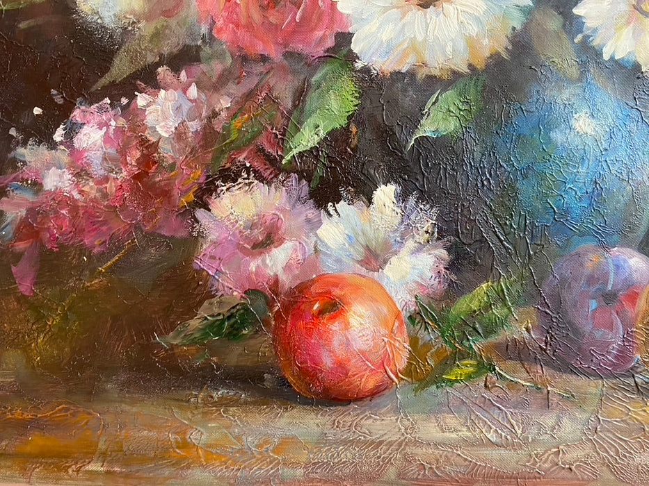 R. Wilcox, Flowers & Fruit. Framed Original Oil Painting, 28’ x 35”-EZ Jewelry and Decor