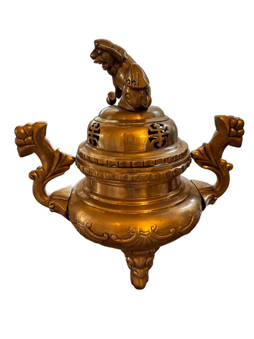 Antique Early 20th Century Large Solid Brass Foo Dog Incense Burner Stands 18 in Tall , Chinese Antique Burner.-EZ Jewelry and Decor