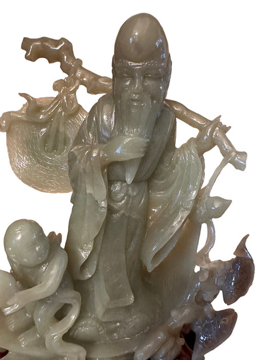 Rare Hand Carved Jade Statue: Man, Child, & Koi Fish on Carved Wooden Stand, 7.8” T, Japanese Sculpture-EZ Jewelry and Decor