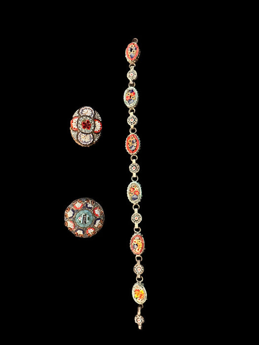 Antique Italian Mili Fiori Micro Mosiac BraceletAnd Two Brooches Set, Gift Boxed-EZ Jewelry and Decor