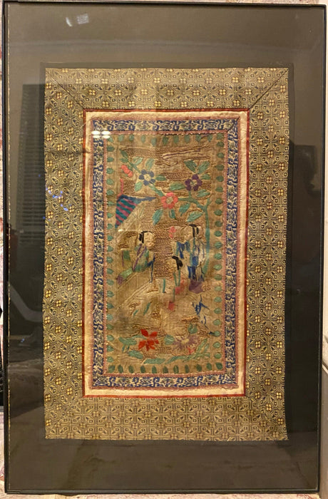 Chinese Vintage Silk Embroidery Framed Panel, Hand Crafted, Three Figures In Garden, Early Republic, 11” x 17”-EZ Jewelry and Decor
