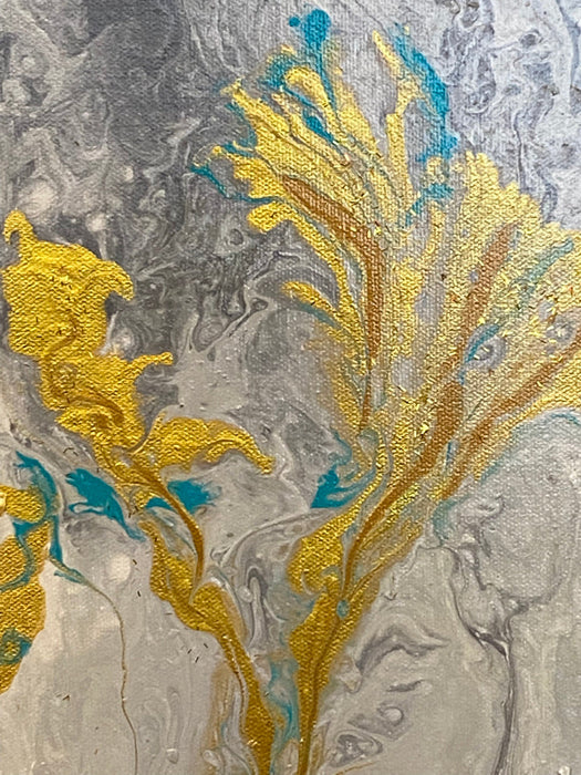 Golden Flowers Abstract Painting, Framed Original Painting, by R. Mansourkhani, 30.5” x  26”-EZ Jewelry and Decor