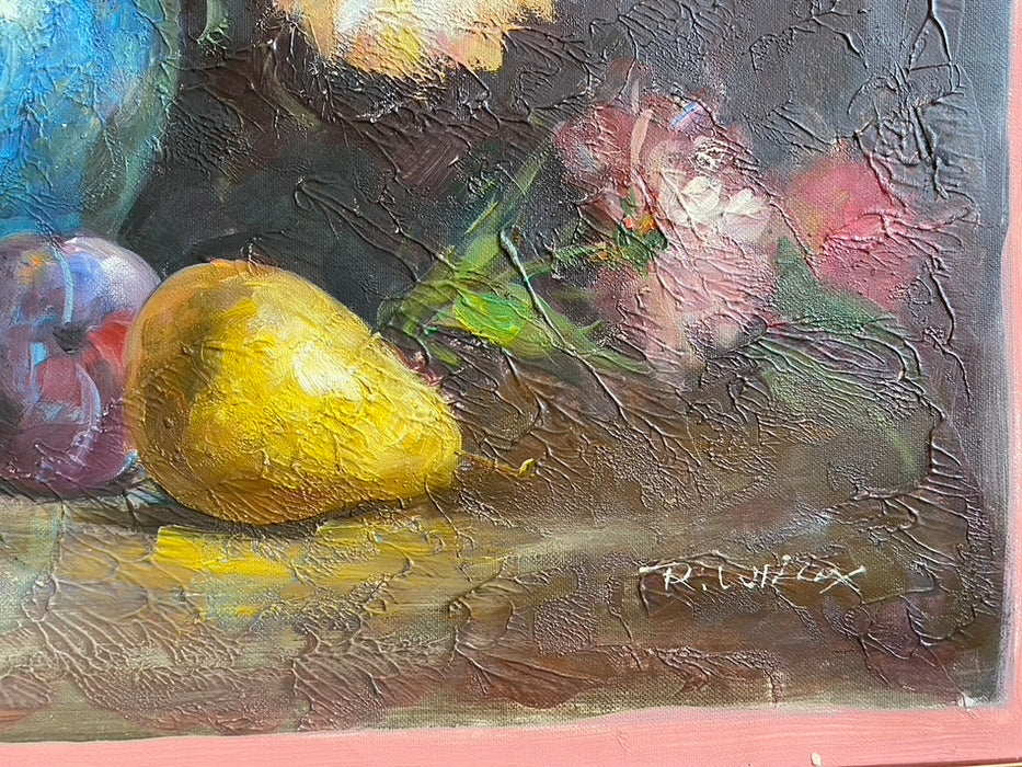 R. Wilcox, Flowers & Fruit. Framed Original Oil Painting, 28’ x 35”-EZ Jewelry and Decor