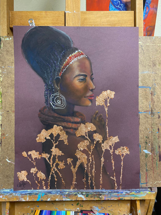 R. Mansourkhani, African Beauty, Original Framed Painting/ Drawing, mixed media 38” x 26”-EZ Jewelry and Decor