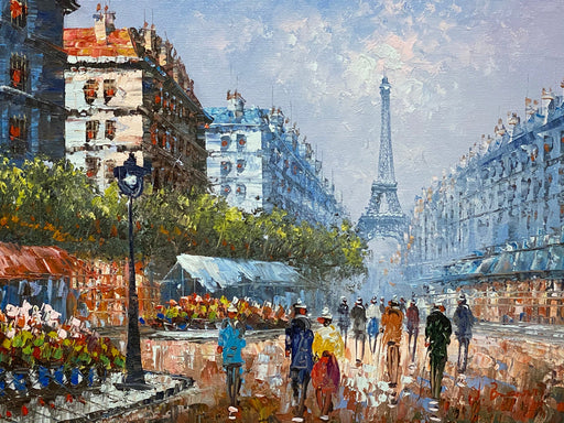 Impressionist oil painting of a Paris street scene with the Eiffel Tower in the background and people walking along. - W. Bosart, Paris, Oil, 24” X 28” - Default Title - EZ Art, Decor & Jewelry