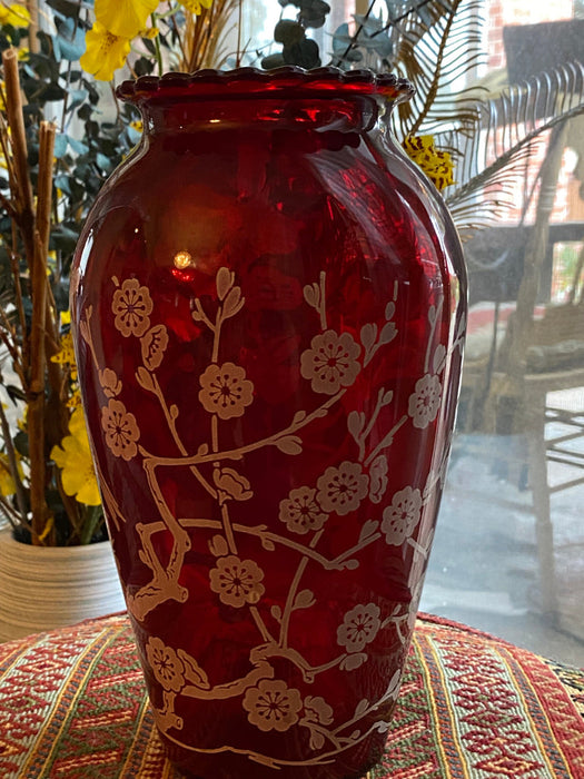 Red Vintage Glass Vase Japanese Hand Painted, Birds & Flowers- 9”-EZ Jewelry and Decor