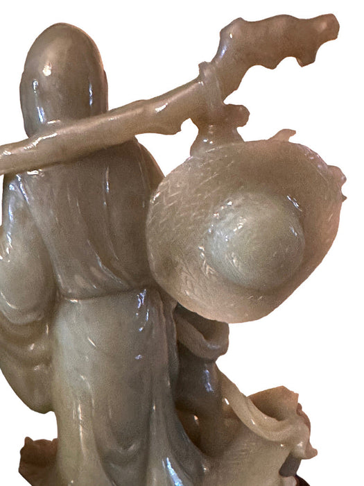 Rare Hand Carved Jade Statue: Man, Child, & Koi Fish on Carved Wooden Stand, 7.8” T, Japanese Sculpture-EZ Jewelry and Decor