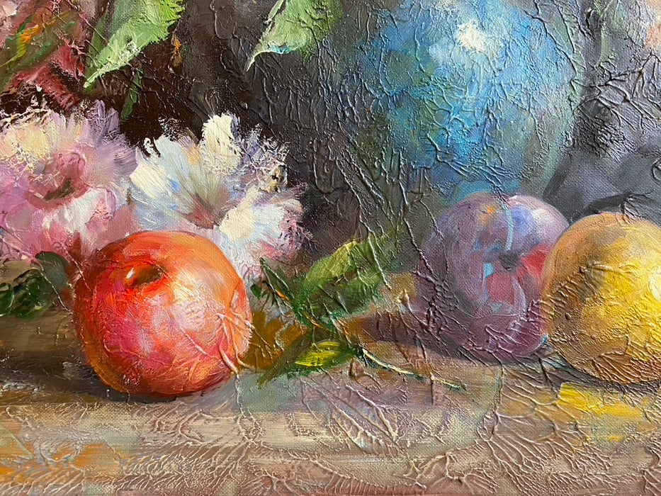 R. Wilcox, Flowers & Fruit. Framed Original Oil Painting, 28’ x 35”-EZ Jewelry and Decor