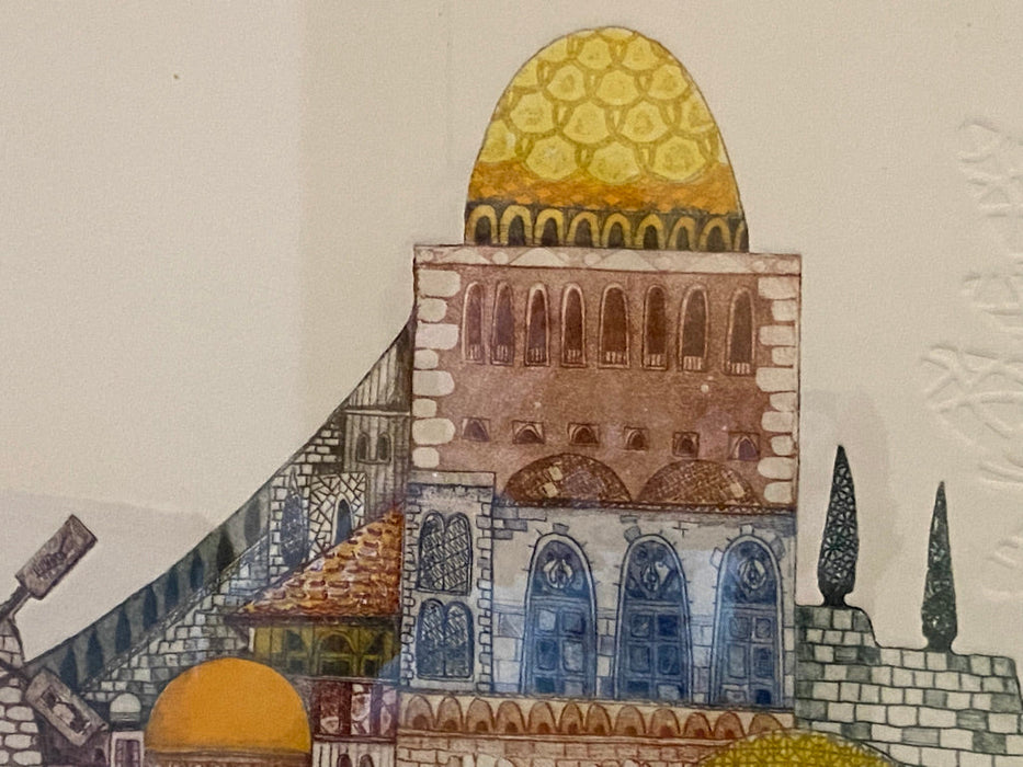 Amram Ebgi, Jerusalem Gate Limited Edition. 9/150. Hand Colored Etching with Intaglio Relief , Signed & Numbered-EZ Jewelry and Decor