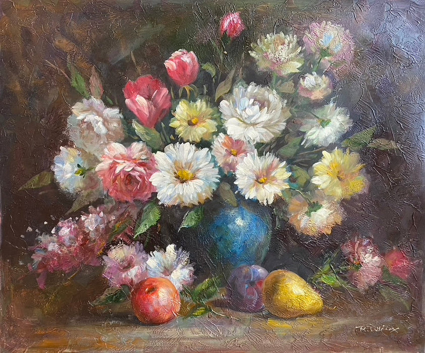 R. Wilcox, Flowers & Fruit. Framed Original Oil Painting, 28’ x 35”-EZ Jewelry and Decor