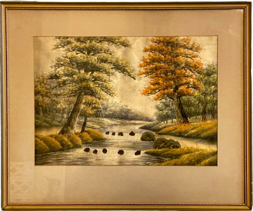 Silk Framed Japanese Tapestry Panel, Landscape Handcrafted Needle Work, 15.5” x 19”-EZ Jewelry and Decor