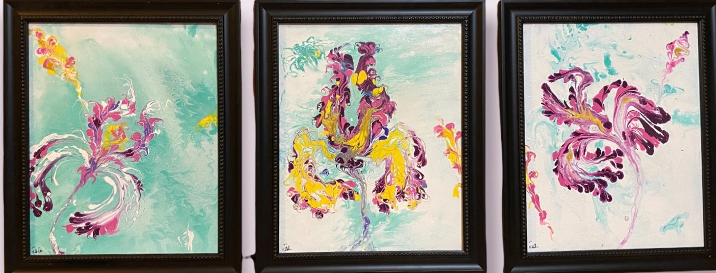 Iris,  Abstract Triptych Framed Original Paintings, Each Painting 24” x 20”, by artist R. Mansourkhani,-EZ Jewelry and Decor